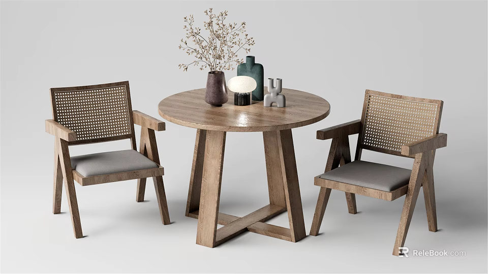 Wooden Round Table And Rattan Back Gray Cushioned Chairs With Decorative Vases 3d model 