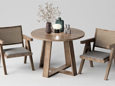 Wooden Round Table And Rattan Back Gray Cushioned Chairs With Decorative Vases 3d model