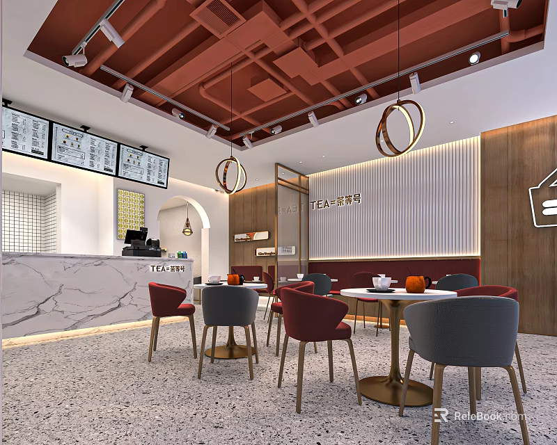 Bubble Tea Shop Interior With Red Ceiling Hanging Pendant Lights Marble Counter And Tables 3d model 