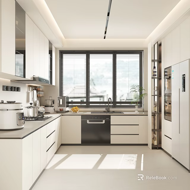 Modern Kitchen Interior With White Cabinets Dishwasher Countertop And Natural Light 3d model 