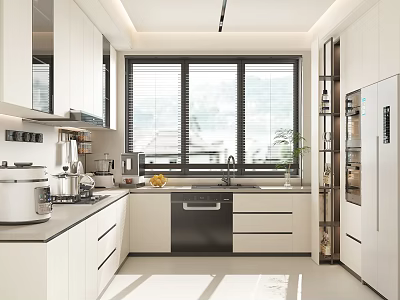Modern Kitchen Interior With White Cabinets Dishwasher Countertop And Natural Light 3d model