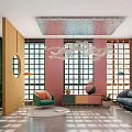 Modern Hotel Lobby With Colorful Walls Large Grid Windows Modern Chandelier And Blue Sofa
