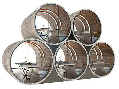Cylindrical Public Chairs With Stacked Design Wooden Metal Frame And Glass Windows Interior 3d model