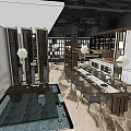 Modern Restaurant Interior With Long Dining Table Pendant Lights And Elegant Chairs 3d model