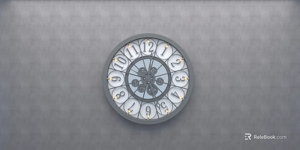 Decorative Circular Wrought Iron Clock With Numbers On Gray Wall Background 3d model