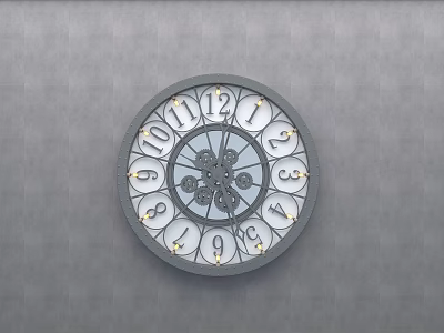 Decorative Circular Wrought Iron Clock With Numbers On Gray Wall Background 3d model