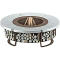 Round Outdoor Fire Pit With Gray Stone Top And Decorative Wood Log Storage