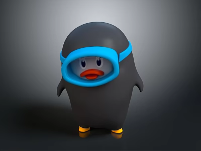 Cute 3D Black Cartoon Character With Blue Hood Orange Beak And Yellow Feet 3d model