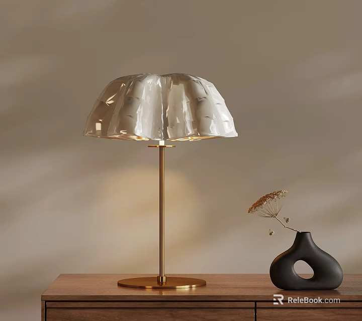 White Cutout Lampshade Table Lamp With Golden Pole On Wooden Table And Black Vase 3d model 