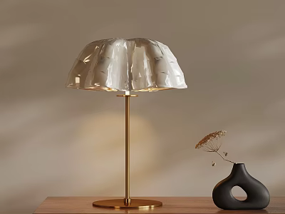 White Cutout Lampshade Table Lamp With Golden Pole On Wooden Table And Black Vase 3d model