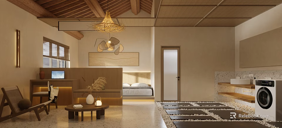 Natural Style Interior With Wooden Beams Woven Pendant Light Decorative Art And Stone Tiles 3d model 