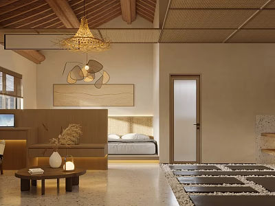 Natural Style Interior With Wooden Beams Woven Pendant Light Decorative Art And Stone Tiles 3d model