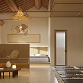 Natural Style Interior With Wooden Beams Woven Pendant Light Decorative Art And Stone Tiles