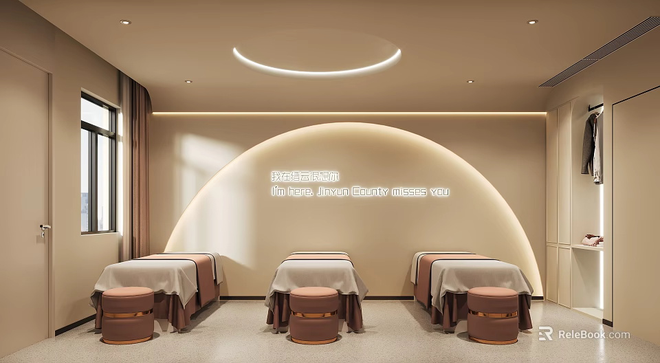 Beauty Salon Interior With Three Beauty Beds Beige Walls And Circular Ceiling Light 3d model 
