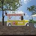 Mobile Ice Cream Business Equipment With Yellow White Canopy Awning And Outdoor Seating Tables Chairs