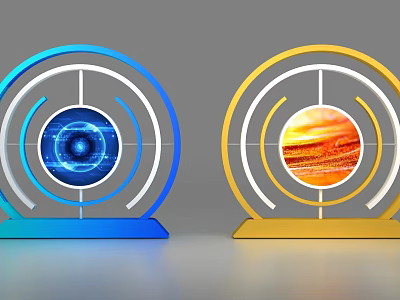 Blue And Yellow Commercial Equipment With Circular Design And Digital Display Screens 3d model