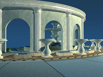 Ornate Outdoor Courtyard With Marble Columns Arches White Pedestals And Central Fountain 3d model