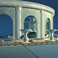 Ornate Outdoor Courtyard With Marble Columns Arches White Pedestals And Central Fountain