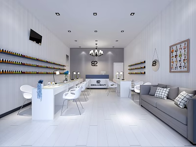 Modern Beauty Hair Salon Interior With White Workstations Sofa And Product Display Shelves 3d model