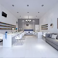 Modern Beauty Hair Salon Interior With White Workstations Sofa And Product Display Shelves