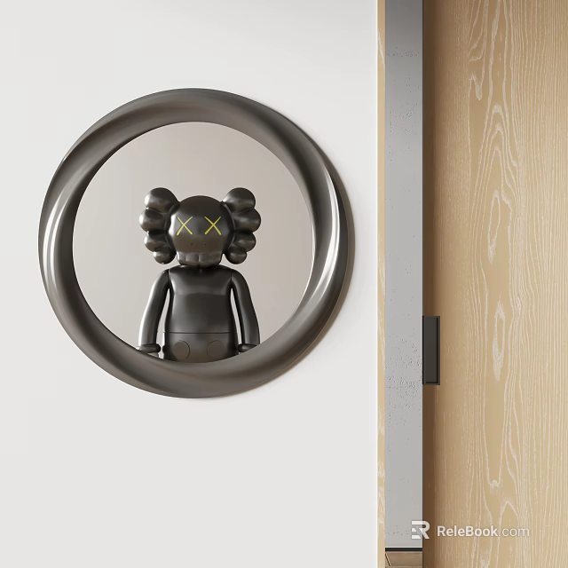 Round Dark Framed Mirror With Stuffed Toy Reflection On Light Wall Wooden Background 3d model