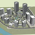 Modern High Rise Office Buildings With Central Square And Riverfront Area 3d model