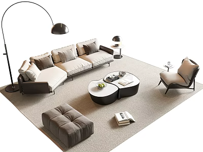 Modern Sofa And Coffee Table Set With Arc Floor Lamp Accent Chair And Ottoman 3d model