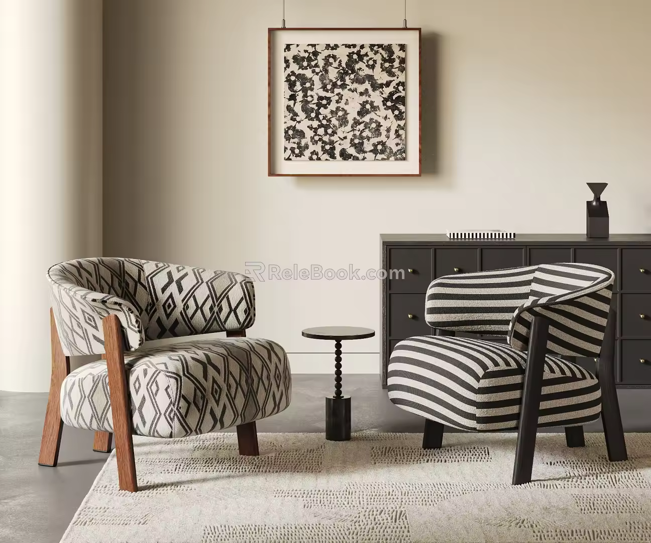 Middle and Ancient Style Casual Chair Middle and Ancient Style Single Sofa French Style Casual Chair Fabric Single Sofa Silent Style Carpet Hanging Painting 3d model