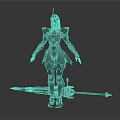 Standing Armored Character In Black Futuristic Armor With Spear Weapon