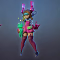 3D Character Wearing Pink Dress Purple Stockings Mechanical Headgear Holding Weapons Three Angles View