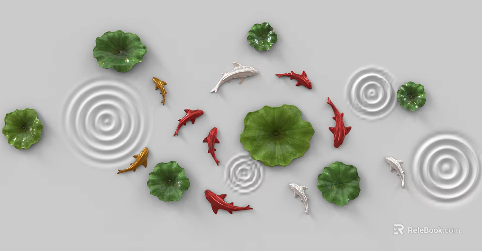 Decorative Wall Art With Green Lotus Leaves Colorful Fish And Water Ripples 3d model 