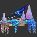 Vibrant Blue Butterfly Surrounded By Colorful Hanging Flowers And Geometric Crystals