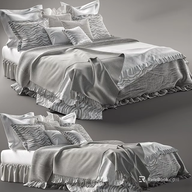 Comfortable Double Bed with Soft Pillows Gray Striped Blanket and Ruffled Bed Skirt 3d model 