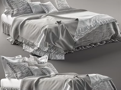 Comfortable Double Bed with Soft Pillows Gray Striped Blanket and Ruffled Bed Skirt 3d model