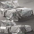 Comfortable Double Bed with Soft Pillows Gray Striped Blanket and Ruffled Bed Skirt