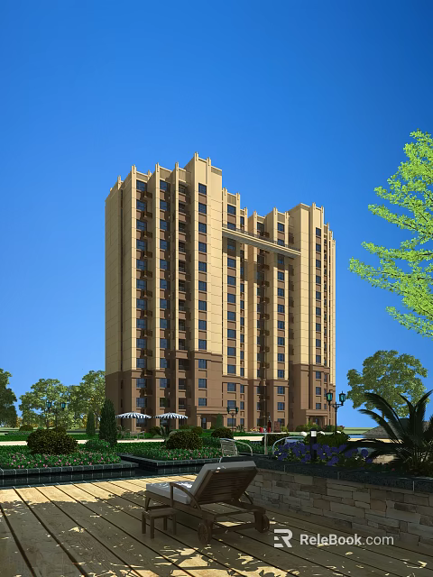 High Rise Residential Building With Beige Brown Exterior And Green Trees Lawns Under Blue Sky 3d model 