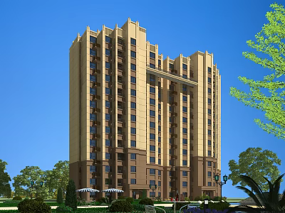 High Rise Residential Building With Beige Brown Exterior And Green Trees Lawns Under Blue Sky 3d model