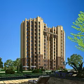 High Rise Residential Building With Beige Brown Exterior And Green Trees Lawns Under Blue Sky