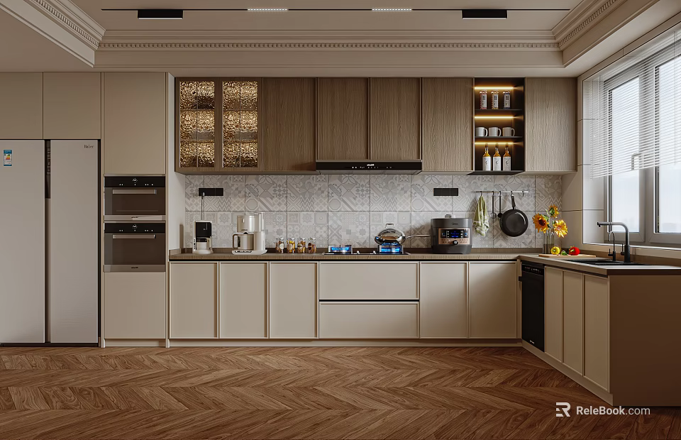 Modern Kitchen Interior With Light Colored Cabinets Wooden Herringbone Floor And Appliances 3d model 