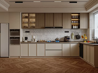 Modern Kitchen Interior With Light Colored Cabinets Wooden Herringbone Floor And Appliances 3d model