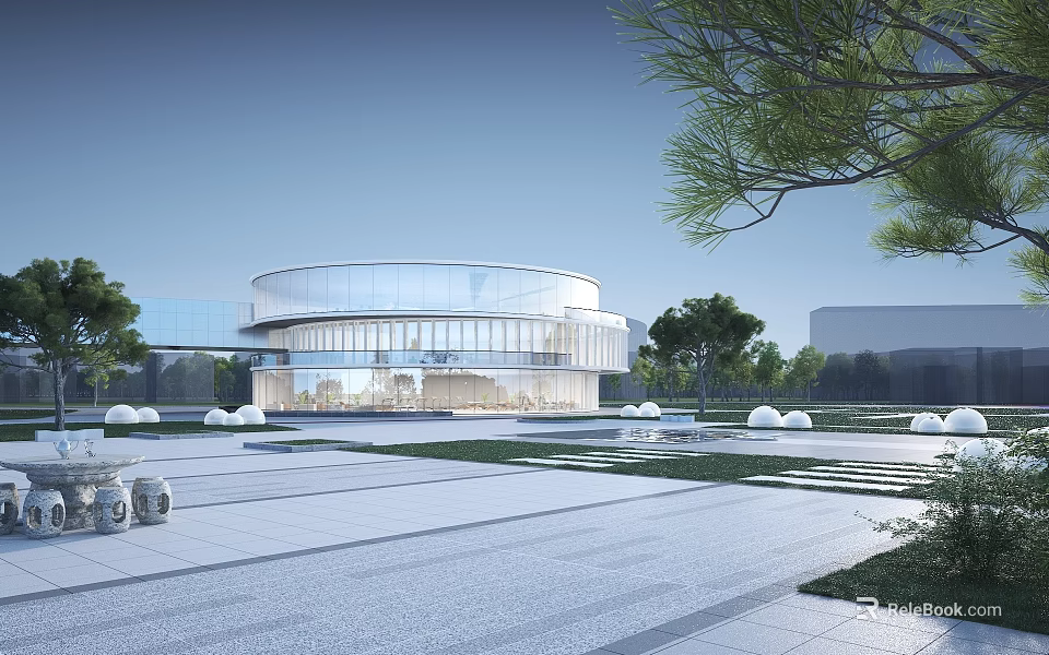 Modern Commercial Complex Featuring Circular Glass Curtain Wall With Plaza Greenery And Fountains 3d model 