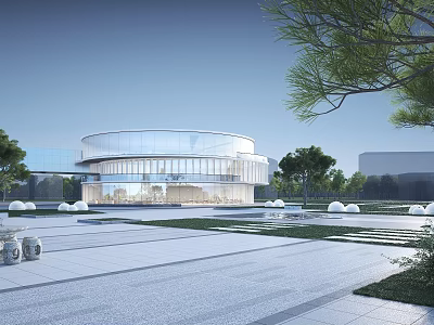 Modern Commercial Complex Featuring Circular Glass Curtain Wall With Plaza Greenery And Fountains 3d model