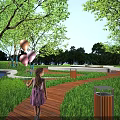 Park Landscape Featuring Little Girl Holding Balloons On Wooden Path With Green Trees And Grass