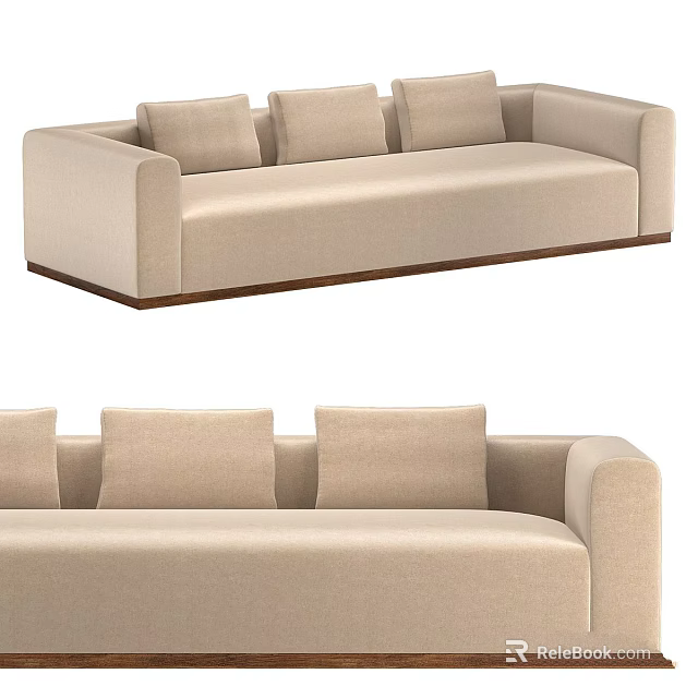 Beige Modern Sofa With Three Cushions Square Arms And Wooden Base 3d model