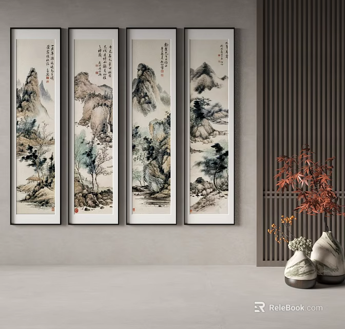 Abstract Painting Artworks Hanging On Wall With Decorative Vases And Green Plants 3d model 