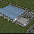 Large Industrial Plant With Blue Roof Surrounded By Greenery Office Building And Parking Lot