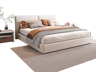 Modern Cream Double Bed With Upholstered Headboard Soft Pillows Cozy Blanket Nightstand Plant And Rug 3d model