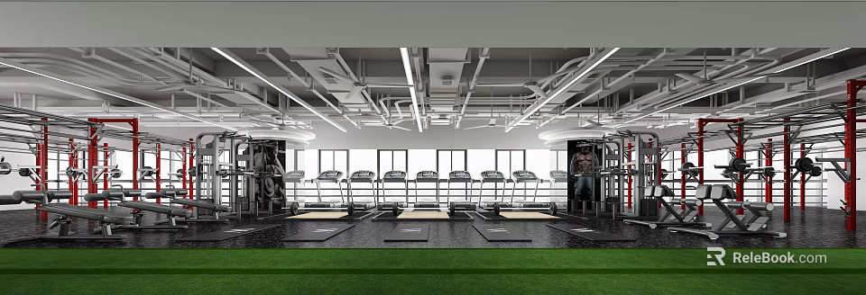 Modern Fitness Gym Open Space With Treadmills And Bright Lighting Green Turf Floor 3d model 