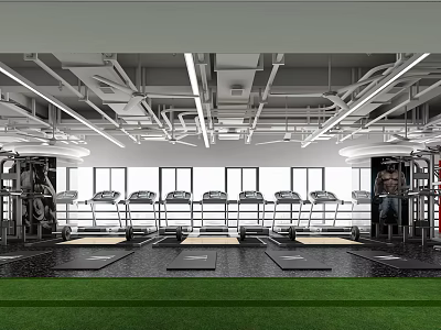 Modern Fitness Gym Open Space With Treadmills And Bright Lighting Green Turf Floor 3d model