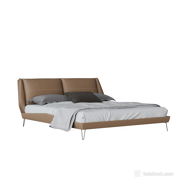 Modern Double Bed With Leather Headboard Metal Frame And Gray Bedding 3d model